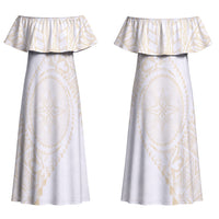 Tonga White Sunday Couples Matching Off Shoulder Maxi Dress and Long Sleeve Button Shirt Lotu Tamaiti Tongan Kupesi Pattern LT05 - Polynesian Pride