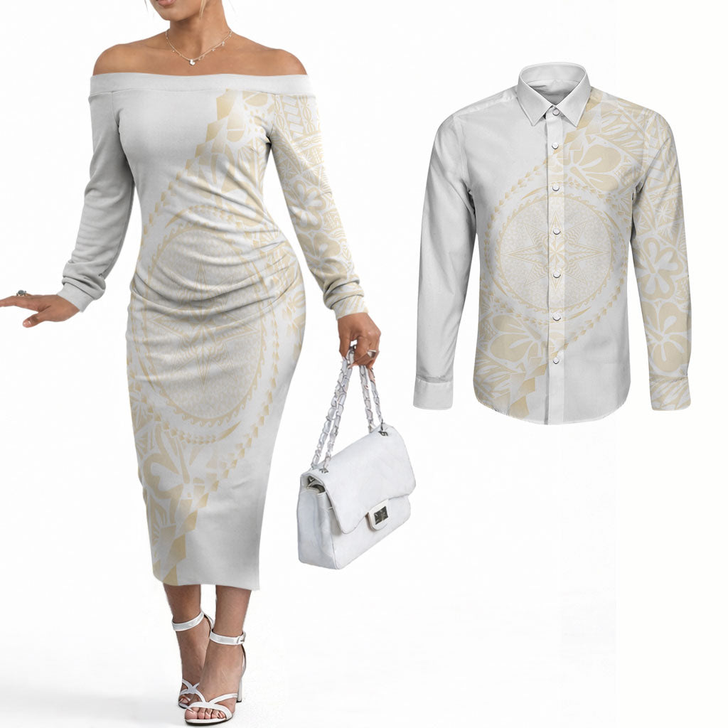 Tonga White Sunday Couples Matching Off The Shoulder Long Sleeve Dress and Long Sleeve Button Shirt Lotu Tamaiti Tongan Kupesi Pattern LT05 Beige - Polynesian Pride