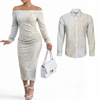 Tonga White Sunday Couples Matching Off The Shoulder Long Sleeve Dress and Long Sleeve Button Shirt Lotu Tamaiti Tongan Kupesi Pattern LT05 Beige - Polynesian Pride