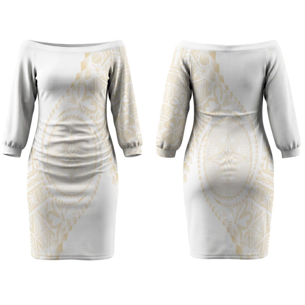 Tonga White Sunday Couples Matching Off The Shoulder Long Sleeve Dress and Long Sleeve Button Shirt Lotu Tamaiti Tongan Kupesi Pattern LT05 - Polynesian Pride