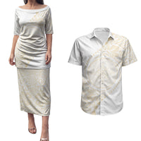 Tonga White Sunday Couples Matching Puletasi and Hawaiian Shirt Lotu Tamaiti Tongan Kupesi Pattern LT05 Beige - Polynesian Pride