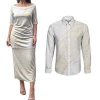 Tonga White Sunday Couples Matching Puletasi and Long Sleeve Button Shirt Lotu Tamaiti Tongan Kupesi Pattern LT05 Beige - Polynesian Pride