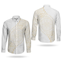 Tonga White Sunday Couples Matching Puletasi and Long Sleeve Button Shirt Lotu Tamaiti Tongan Kupesi Pattern LT05 - Polynesian Pride