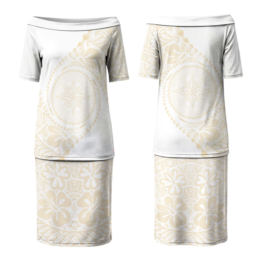 Tonga White Sunday Couples Matching Puletasi and Long Sleeve Button Shirt Lotu Tamaiti Tongan Kupesi Pattern LT05 - Polynesian Pride
