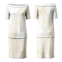 Tonga White Sunday Couples Matching Puletasi and Long Sleeve Button Shirt Lotu Tamaiti Tongan Kupesi Pattern LT05 - Polynesian Pride