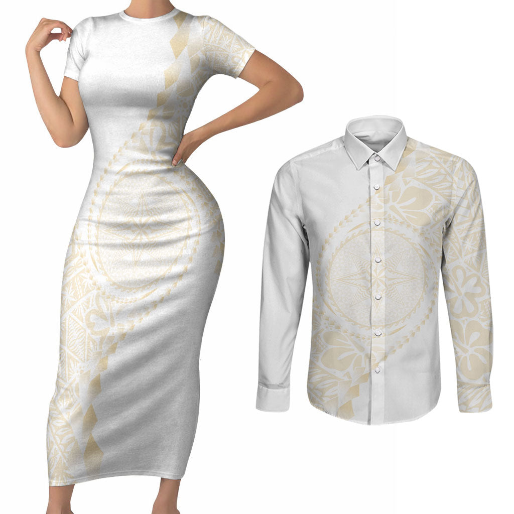 Tonga White Sunday Couples Matching Short Sleeve Bodycon Dress and Long Sleeve Button Shirt Lotu Tamaiti Tongan Kupesi Pattern LT05 Beige - Polynesian Pride