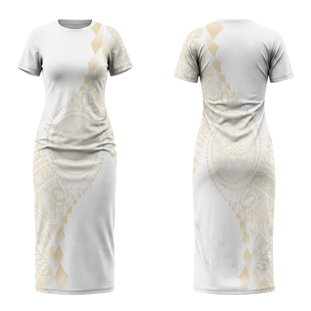 Tonga White Sunday Couples Matching Short Sleeve Bodycon Dress and Long Sleeve Button Shirt Lotu Tamaiti Tongan Kupesi Pattern LT05 - Polynesian Pride