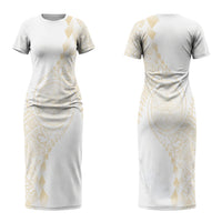 Tonga White Sunday Couples Matching Short Sleeve Bodycon Dress and Long Sleeve Button Shirt Lotu Tamaiti Tongan Kupesi Pattern LT05 - Polynesian Pride