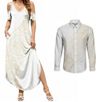 Tonga White Sunday Couples Matching Summer Maxi Dress and Long Sleeve Button Shirt Lotu Tamaiti Tongan Kupesi Pattern LT05 Beige - Polynesian Pride