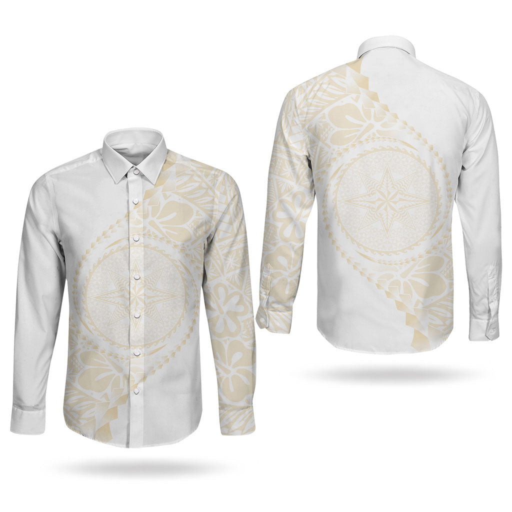 Tonga White Sunday Couples Matching Summer Maxi Dress and Long Sleeve Button Shirt Lotu Tamaiti Tongan Kupesi Pattern LT05 - Polynesian Pride