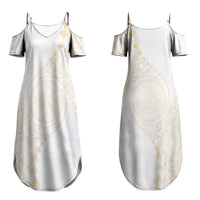 Tonga White Sunday Couples Matching Summer Maxi Dress and Long Sleeve Button Shirt Lotu Tamaiti Tongan Kupesi Pattern LT05 - Polynesian Pride