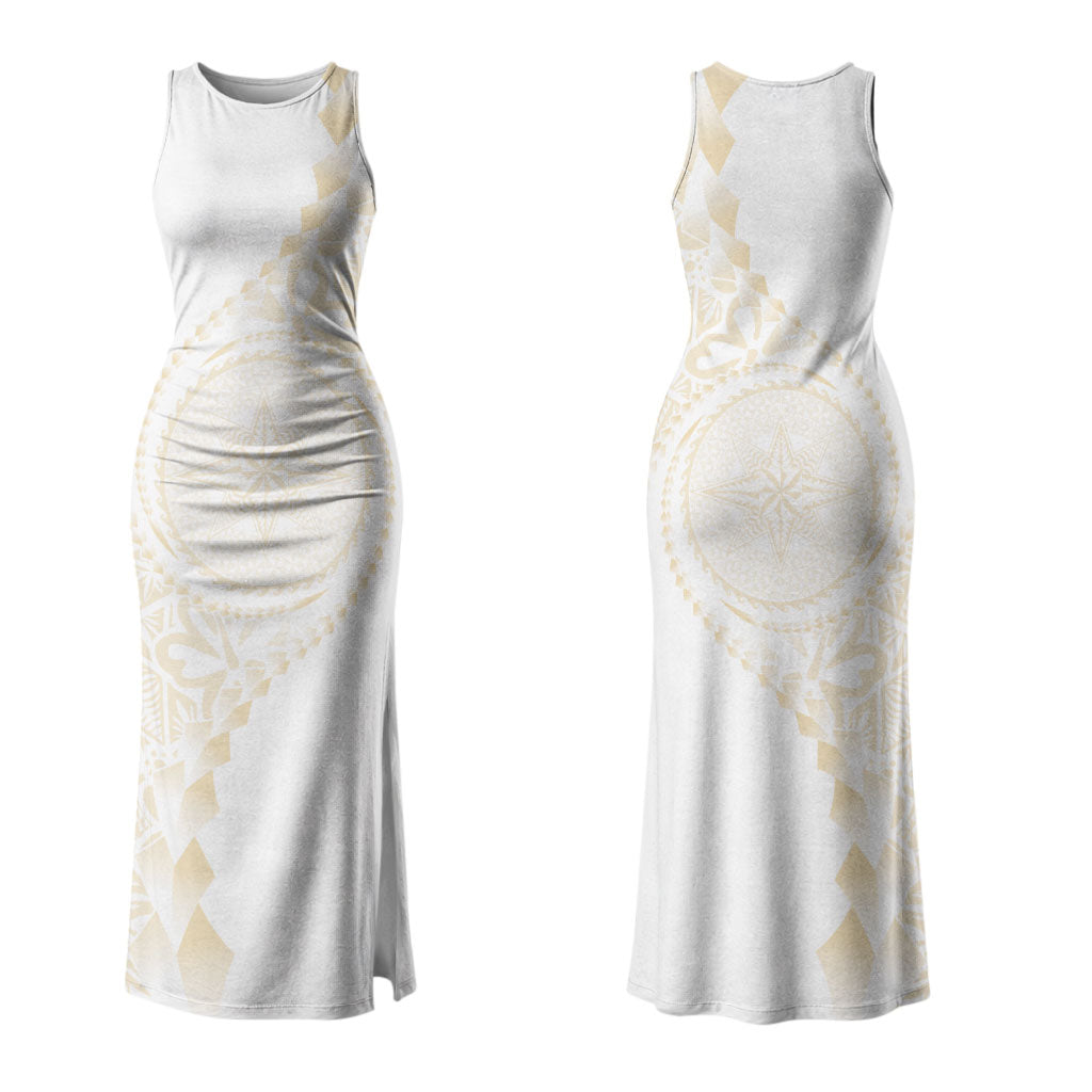 Tonga White Sunday Couples Matching Tank Maxi Dress and Hawaiian Shirt Lotu Tamaiti Tongan Kupesi Pattern LT05 - Polynesian Pride