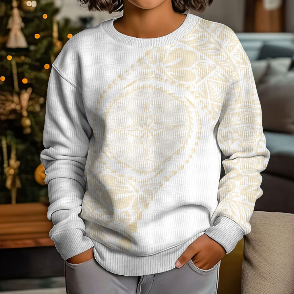 Tonga White Sunday Kid Ugly Christmas Sweater Lotu Tamaiti Tongan Kupesi Pattern LT05 - Polynesian Pride