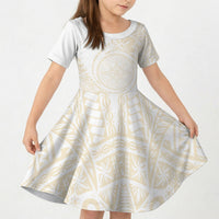 Tonga White Sunday Kid Short Sleeve Dress Lotu Tamaiti Tongan Kupesi Pattern LT05 KID Beige - Polynesian Pride