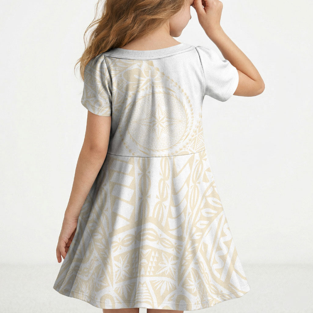 Tonga White Sunday Kid Short Sleeve Dress Lotu Tamaiti Tongan Kupesi Pattern LT05 - Polynesian Pride