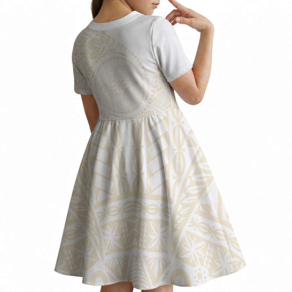 Tonga White Sunday Kid Short Sleeve Dress Lotu Tamaiti Tongan Kupesi Pattern LT05 - Polynesian Pride