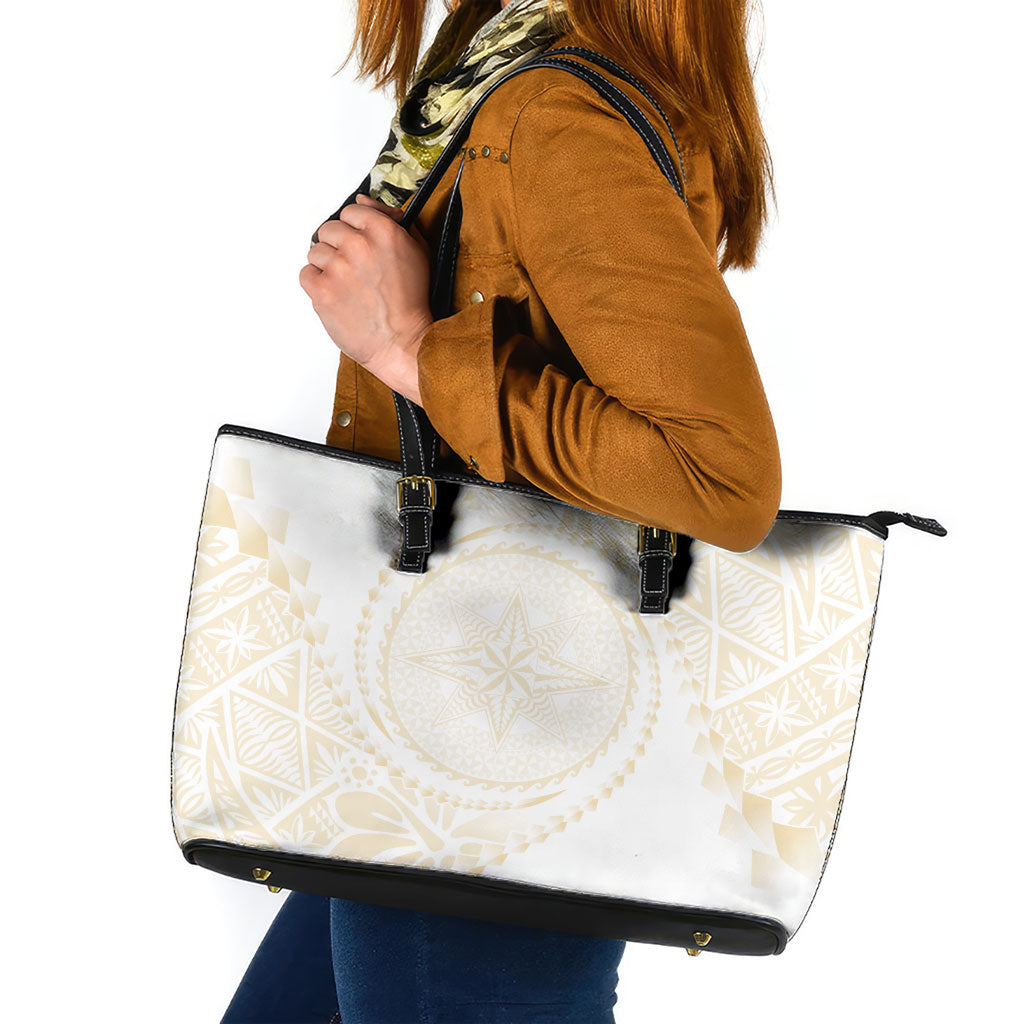 Tonga White Sunday Leather Tote Bag Lotu Tamaiti Tongan Kupesi Pattern LT05 Beige - Polynesian Pride