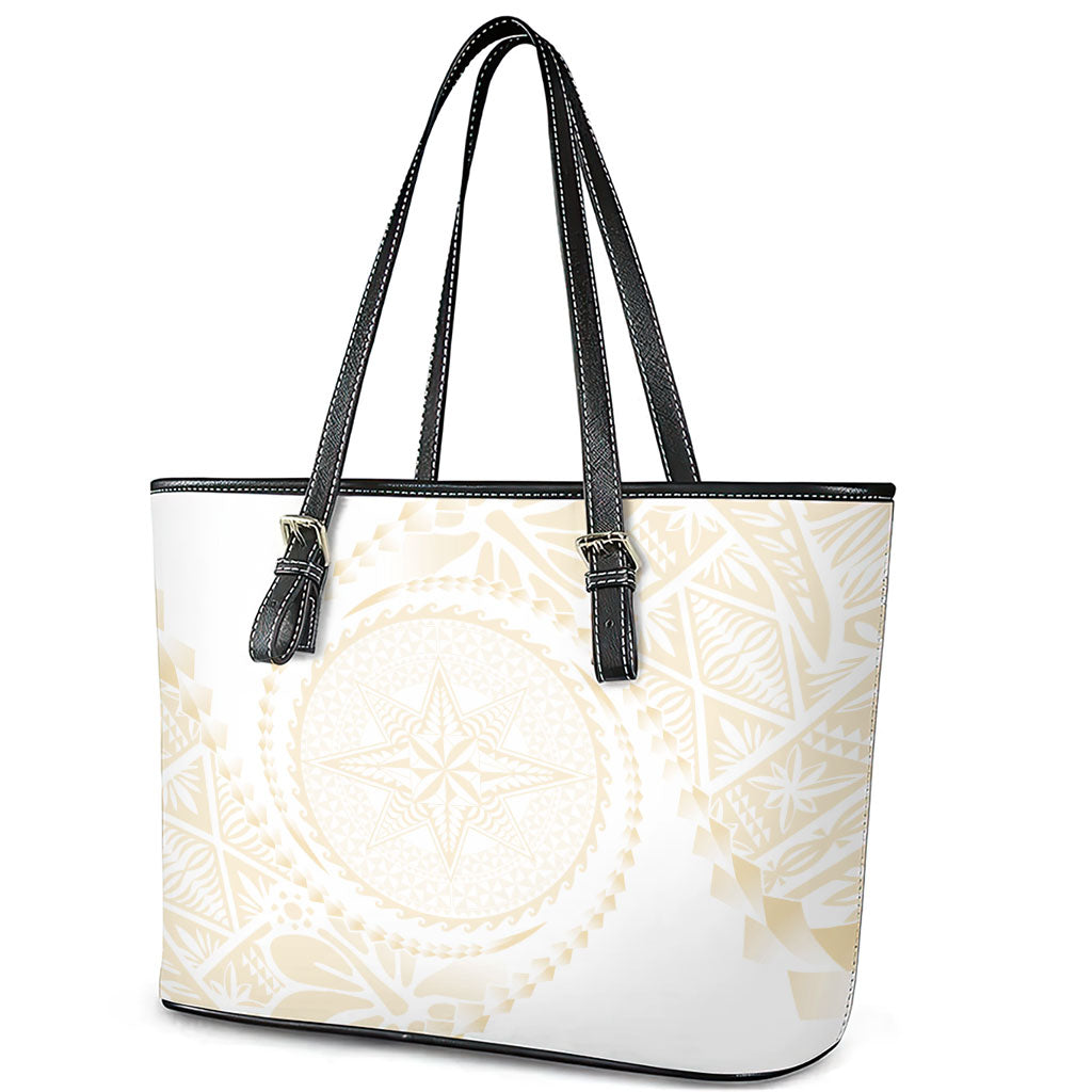 Tonga White Sunday Leather Tote Bag Lotu Tamaiti Tongan Kupesi Pattern LT05 - Polynesian Pride