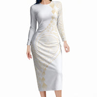 Tonga White Sunday Long Sleeve Bodycon Dress Lotu Tamaiti Tongan Kupesi Pattern LT05 Long Dress Beige - Polynesian Pride