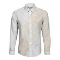Tonga White Sunday Long Sleeve Button Shirt Lotu Tamaiti Tongan Kupesi Pattern LT05 Unisex Beige - Polynesian Pride