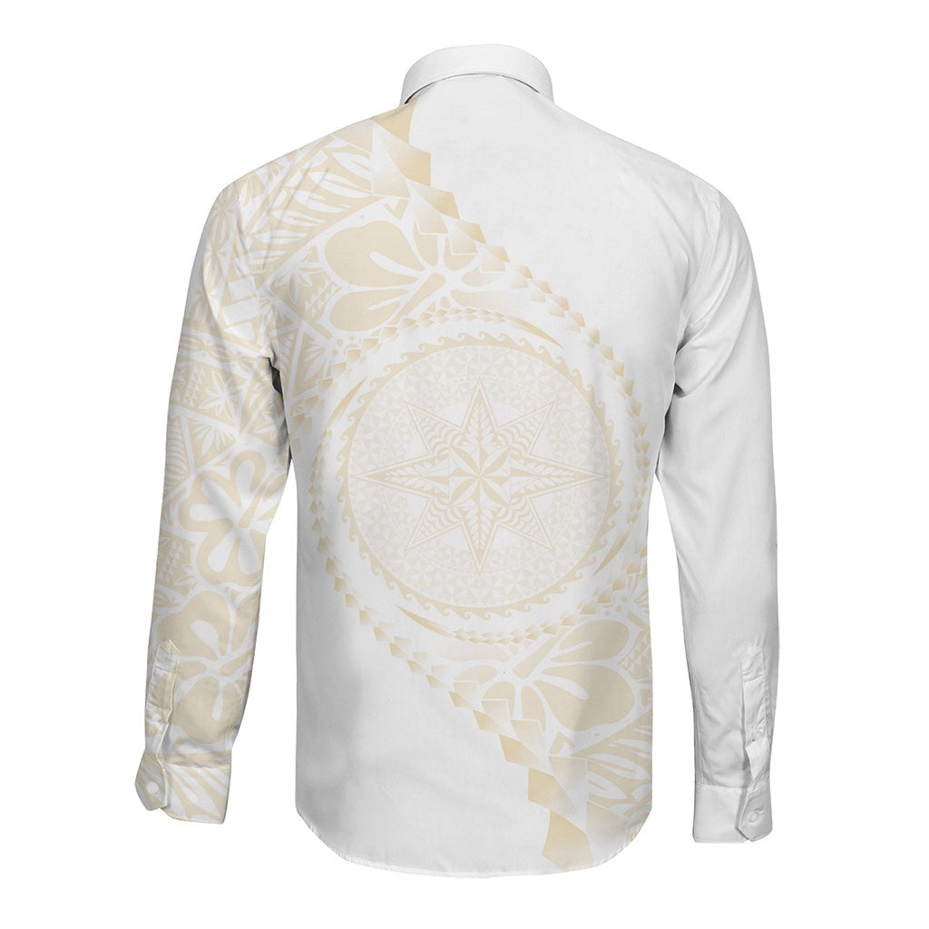 Tonga White Sunday Long Sleeve Button Shirt Lotu Tamaiti Tongan Kupesi Pattern LT05 - Polynesian Pride