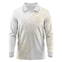 Tonga White Sunday Long Sleeve Polo Shirt Lotu Tamaiti Tongan Kupesi Pattern LT05 Beige - Polynesian Pride