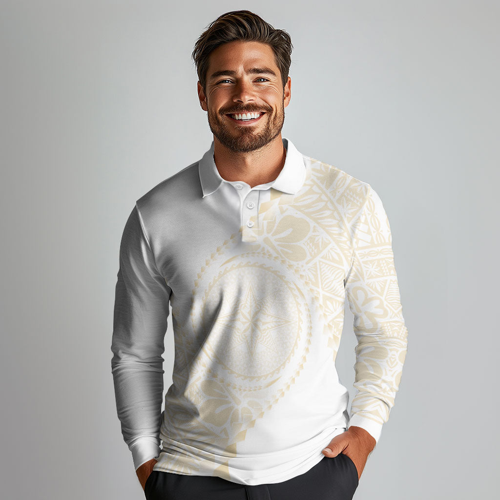 Tonga White Sunday Long Sleeve Polo Shirt Lotu Tamaiti Tongan Kupesi Pattern LT05 - Polynesian Pride