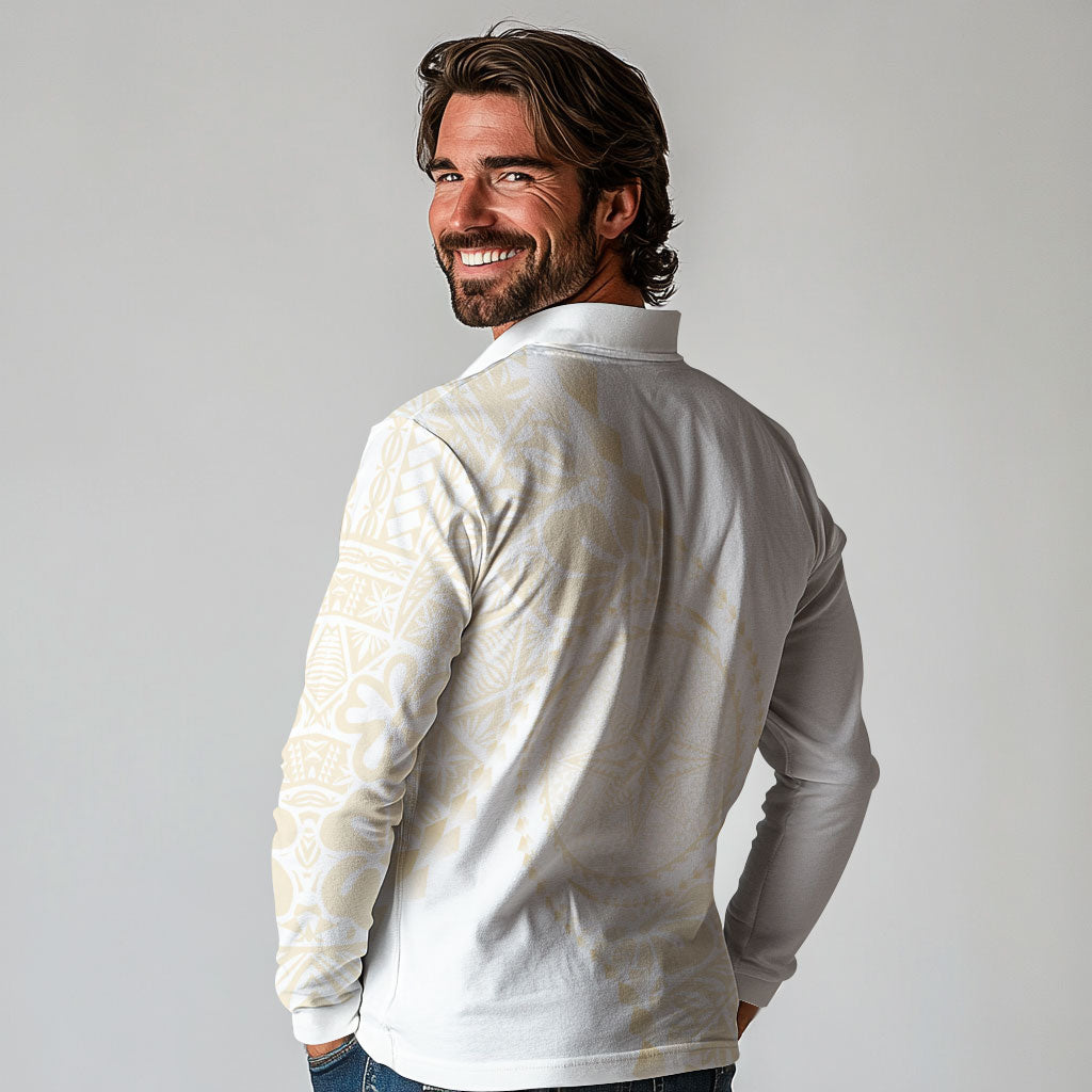 Tonga White Sunday Long Sleeve Polo Shirt Lotu Tamaiti Tongan Kupesi Pattern LT05 - Polynesian Pride