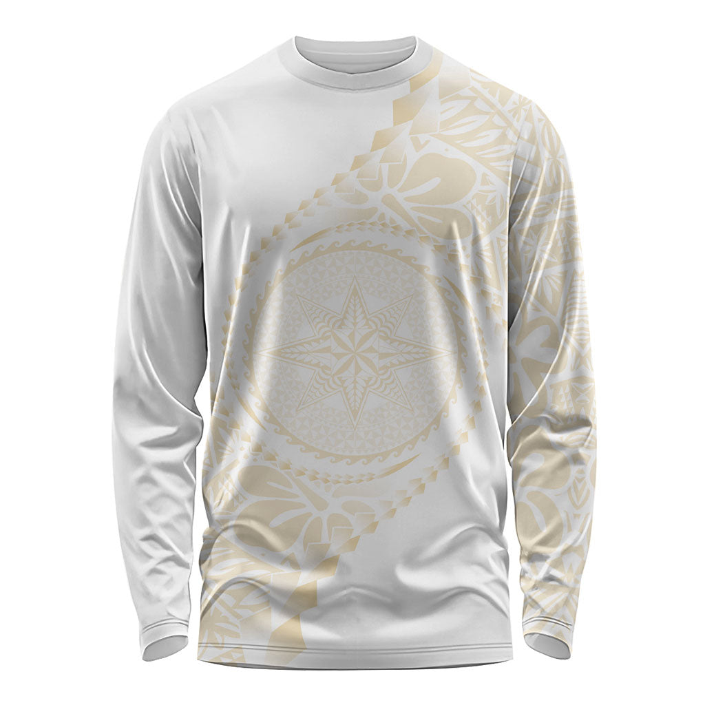 Tonga White Sunday Long Sleeve Shirt Lotu Tamaiti Tongan Kupesi Pattern LT05 Unisex Beige - Polynesian Pride
