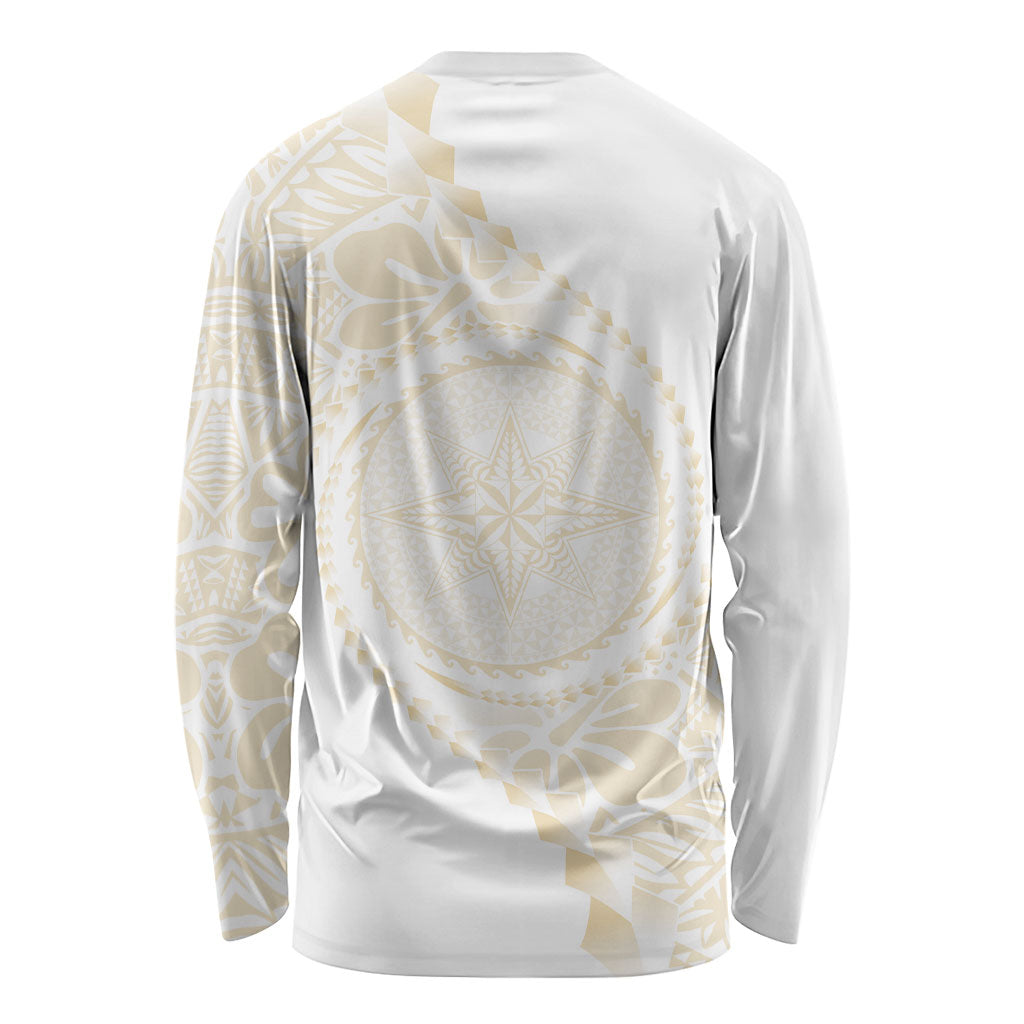 Tonga White Sunday Long Sleeve Shirt Lotu Tamaiti Tongan Kupesi Pattern LT05 - Polynesian Pride