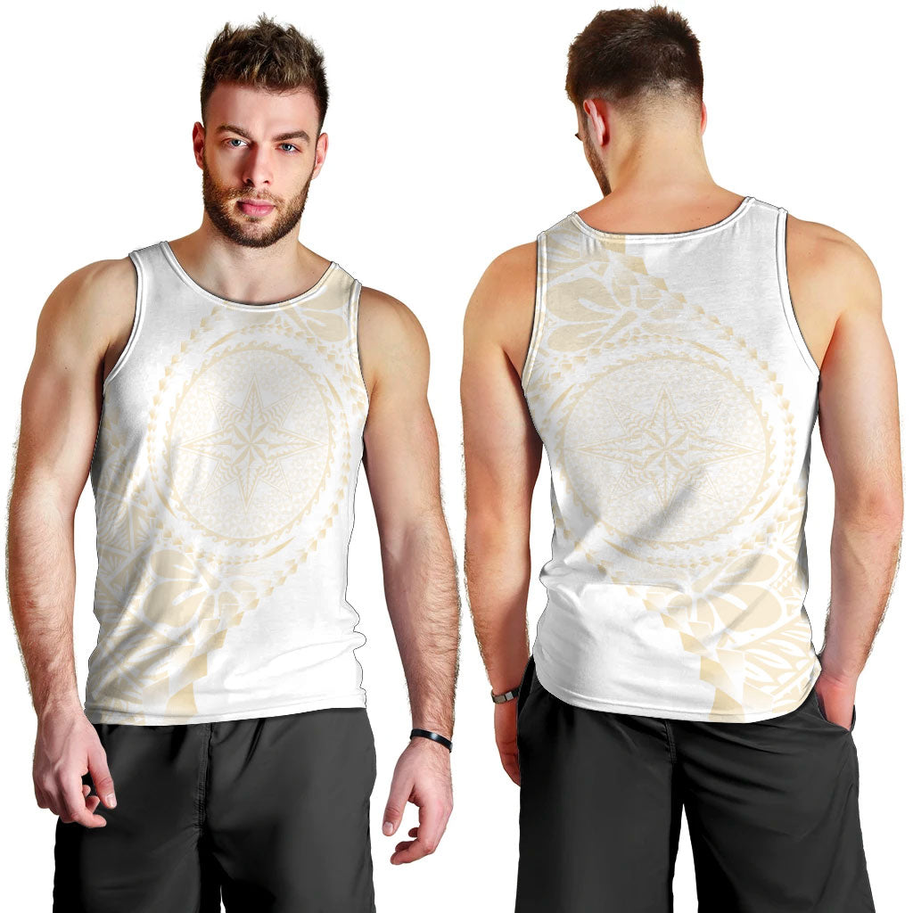 Tonga White Sunday Men Tank Top Lotu Tamaiti Tongan Kupesi Pattern LT05 - Polynesian Pride