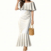 Tonga White Sunday Mermaid Dress Lotu Tamaiti Tongan Kupesi Pattern LT05 Women Beige - Polynesian Pride
