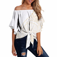Tonga White Sunday Off Shoulder Wrap Waist Top Lotu Tamaiti Tongan Kupesi Pattern LT05 Beige - Polynesian Pride