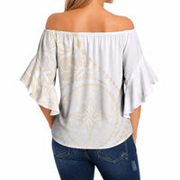 Tonga White Sunday Off Shoulder Wrap Waist Top Lotu Tamaiti Tongan Kupesi Pattern LT05 - Polynesian Pride