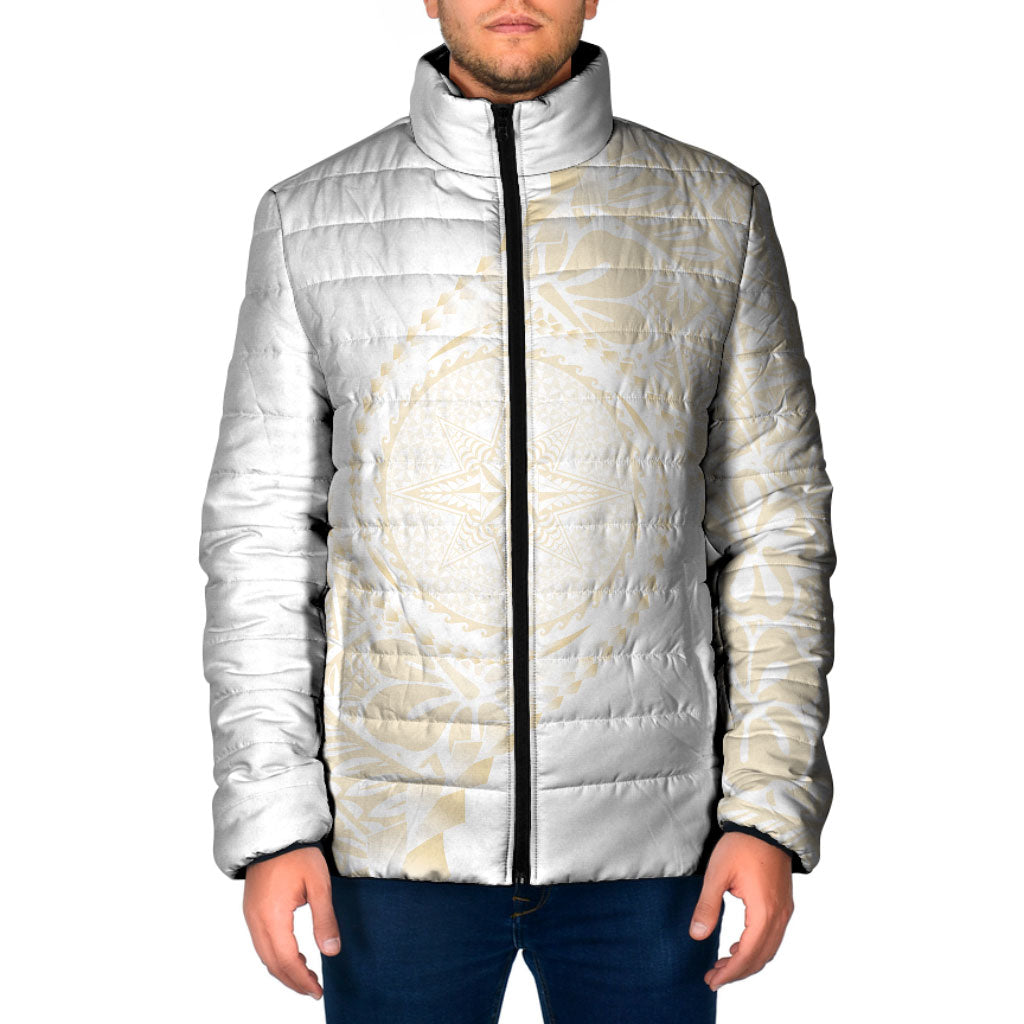 Tonga White Sunday Padded Jacket Lotu Tamaiti Tongan Kupesi Pattern LT05 Men Beige - Polynesian Pride