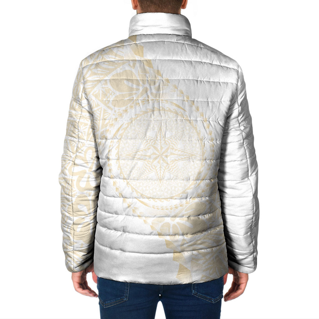 Tonga White Sunday Padded Jacket Lotu Tamaiti Tongan Kupesi Pattern LT05 - Polynesian Pride