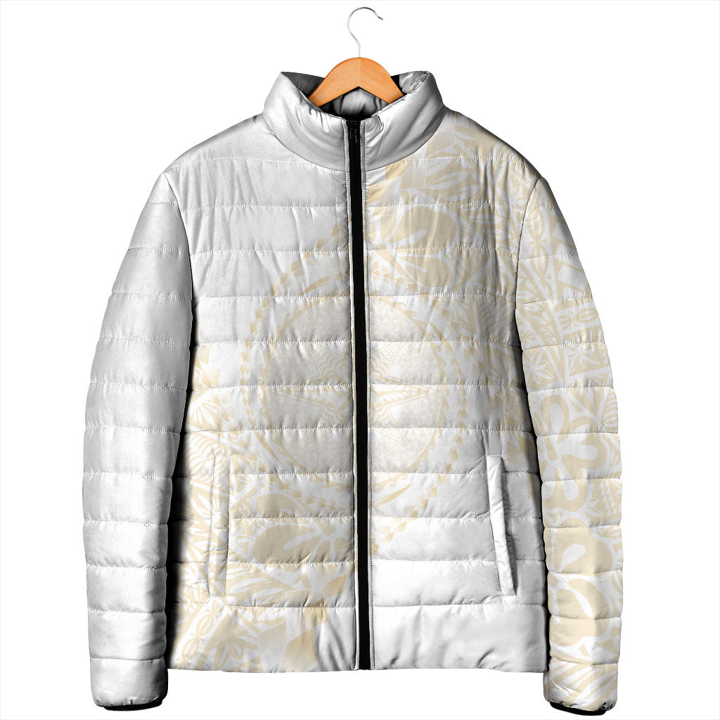 Tonga White Sunday Padded Jacket Lotu Tamaiti Tongan Kupesi Pattern LT05 - Polynesian Pride