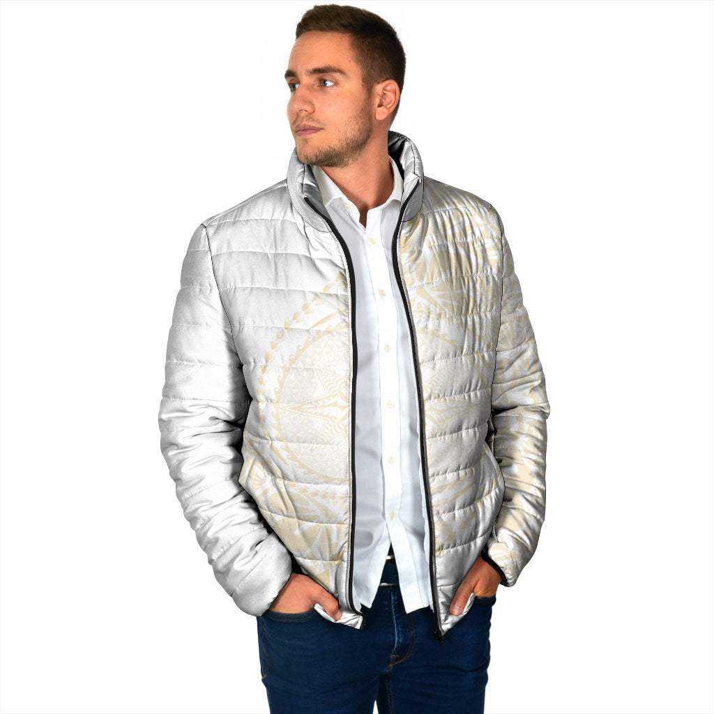 Tonga White Sunday Padded Jacket Lotu Tamaiti Tongan Kupesi Pattern LT05 - Polynesian Pride