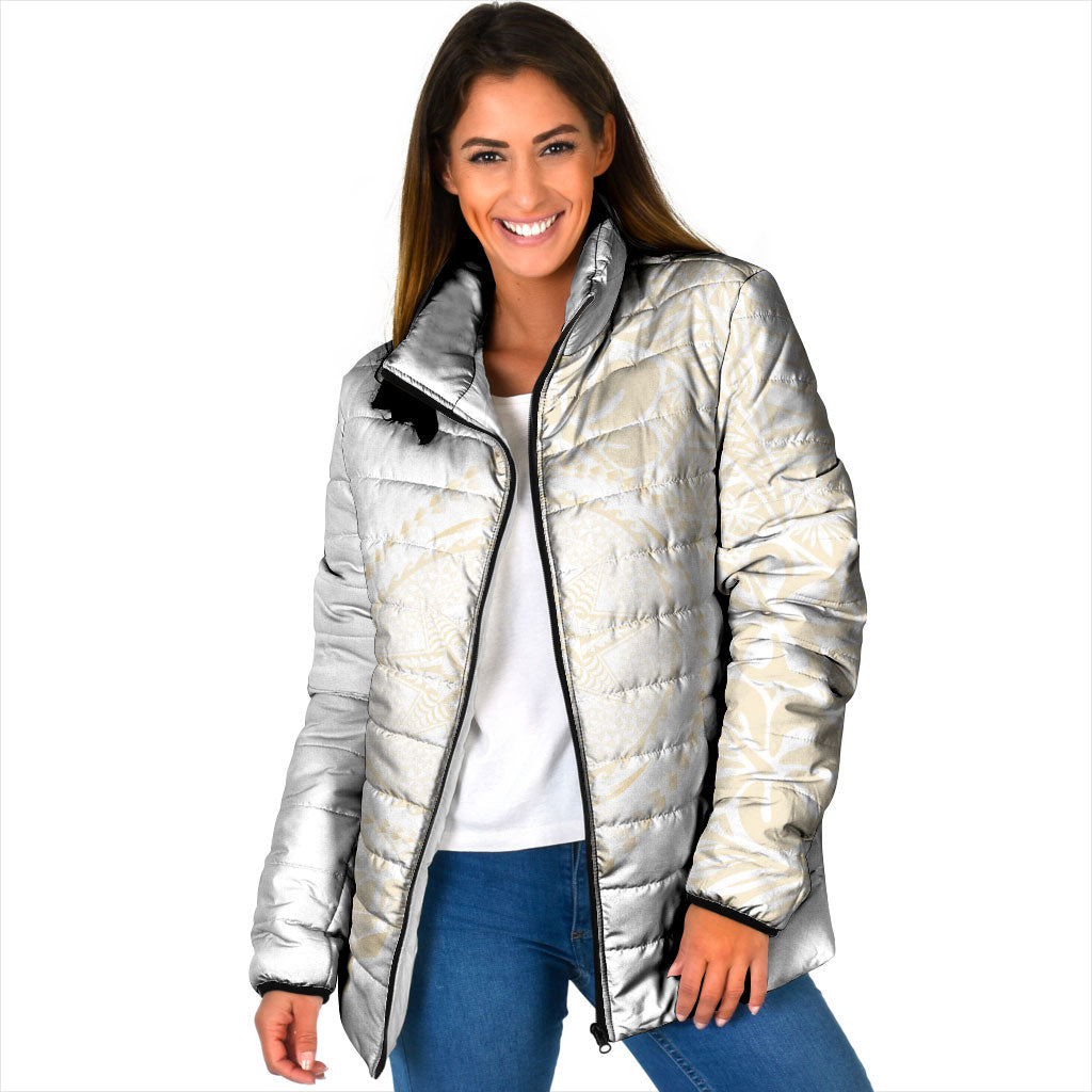 Tonga White Sunday Padded Jacket Lotu Tamaiti Tongan Kupesi Pattern LT05 Women Beige - Polynesian Pride