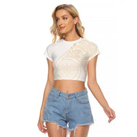 Tonga White Sunday Raglan Cropped T Shirt Lotu Tamaiti Tongan Kupesi Pattern LT05 Female Beige - Polynesian Pride