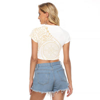 Tonga White Sunday Raglan Cropped T Shirt Lotu Tamaiti Tongan Kupesi Pattern LT05 - Polynesian Pride