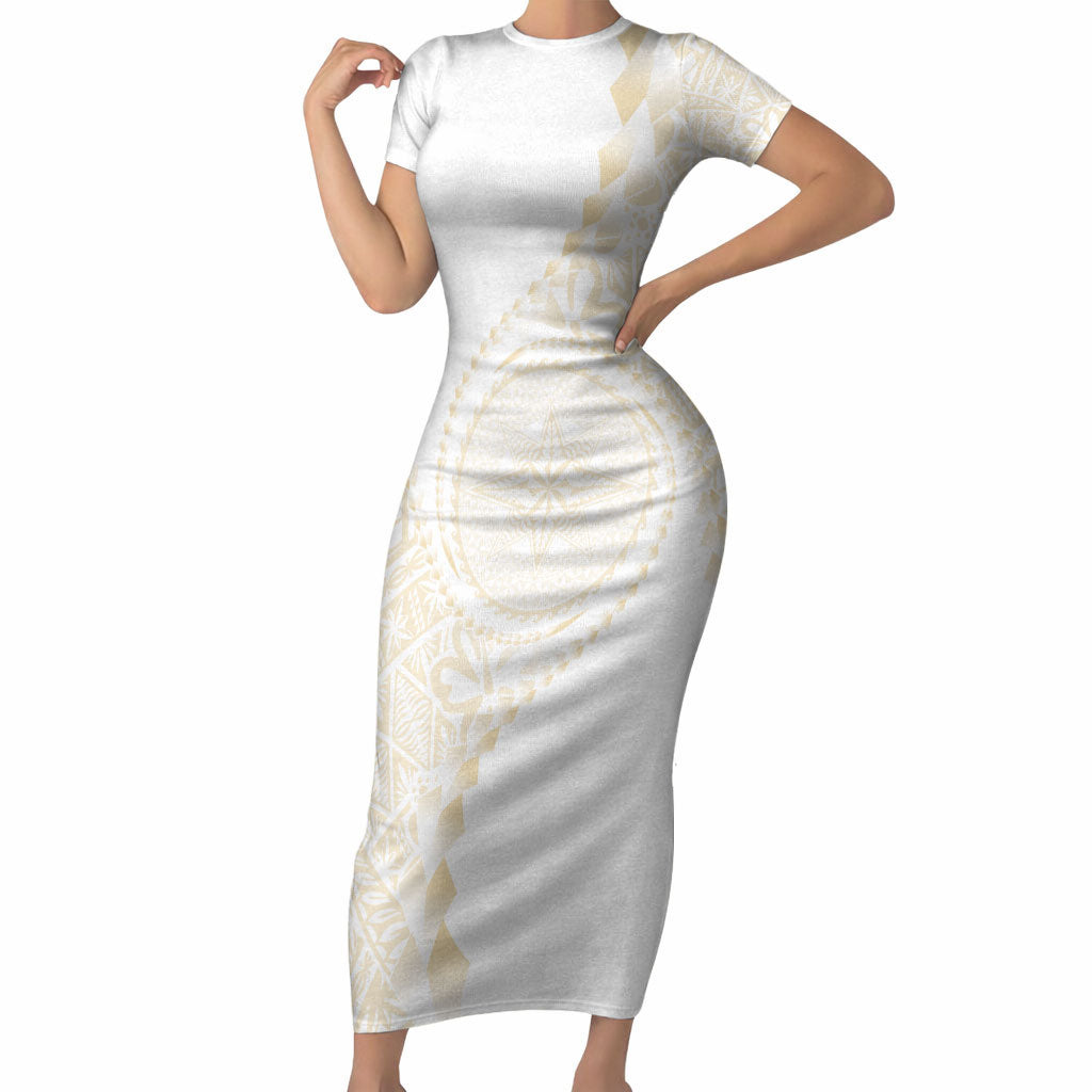 Tonga White Sunday Short Sleeve Bodycon Dress Lotu Tamaiti Tongan Kupesi Pattern LT05 Long Dress Beige - Polynesian Pride