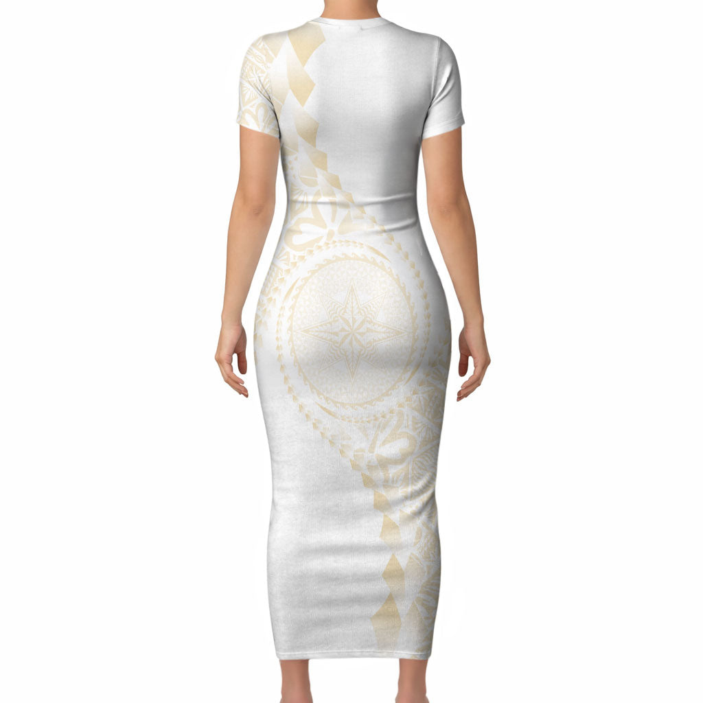 Tonga White Sunday Short Sleeve Bodycon Dress Lotu Tamaiti Tongan Kupesi Pattern LT05 - Polynesian Pride