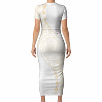 Tonga White Sunday Short Sleeve Bodycon Dress Lotu Tamaiti Tongan Kupesi Pattern LT05 - Polynesian Pride