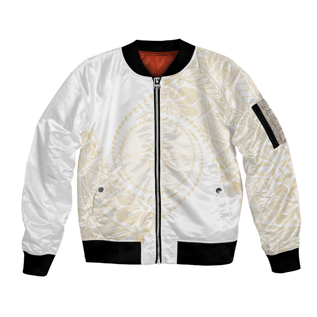 Tonga White Sunday Sleeve Zip Bomber Jacket Lotu Tamaiti Tongan Kupesi Pattern LT05 Unisex Beige - Polynesian Pride