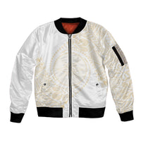 Tonga White Sunday Sleeve Zip Bomber Jacket Lotu Tamaiti Tongan Kupesi Pattern LT05 Unisex Beige - Polynesian Pride