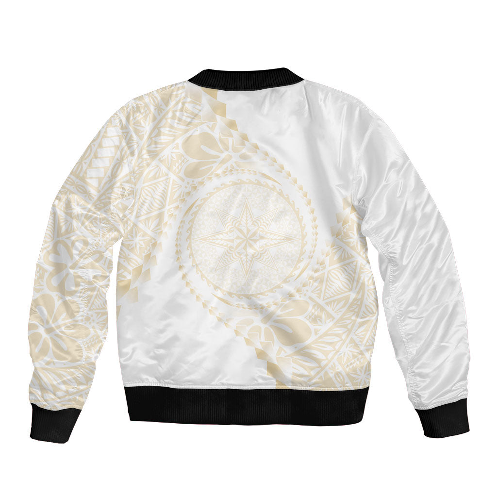 Tonga White Sunday Sleeve Zip Bomber Jacket Lotu Tamaiti Tongan Kupesi Pattern LT05 - Polynesian Pride
