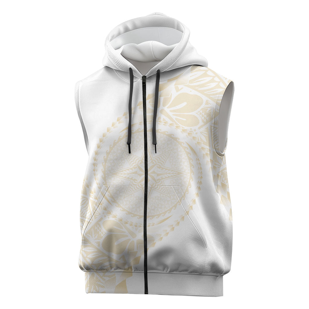 Tonga White Sunday Sleeveless Zip Hoodie Lotu Tamaiti Tongan Kupesi Pattern LT05 Beige - Polynesian Pride