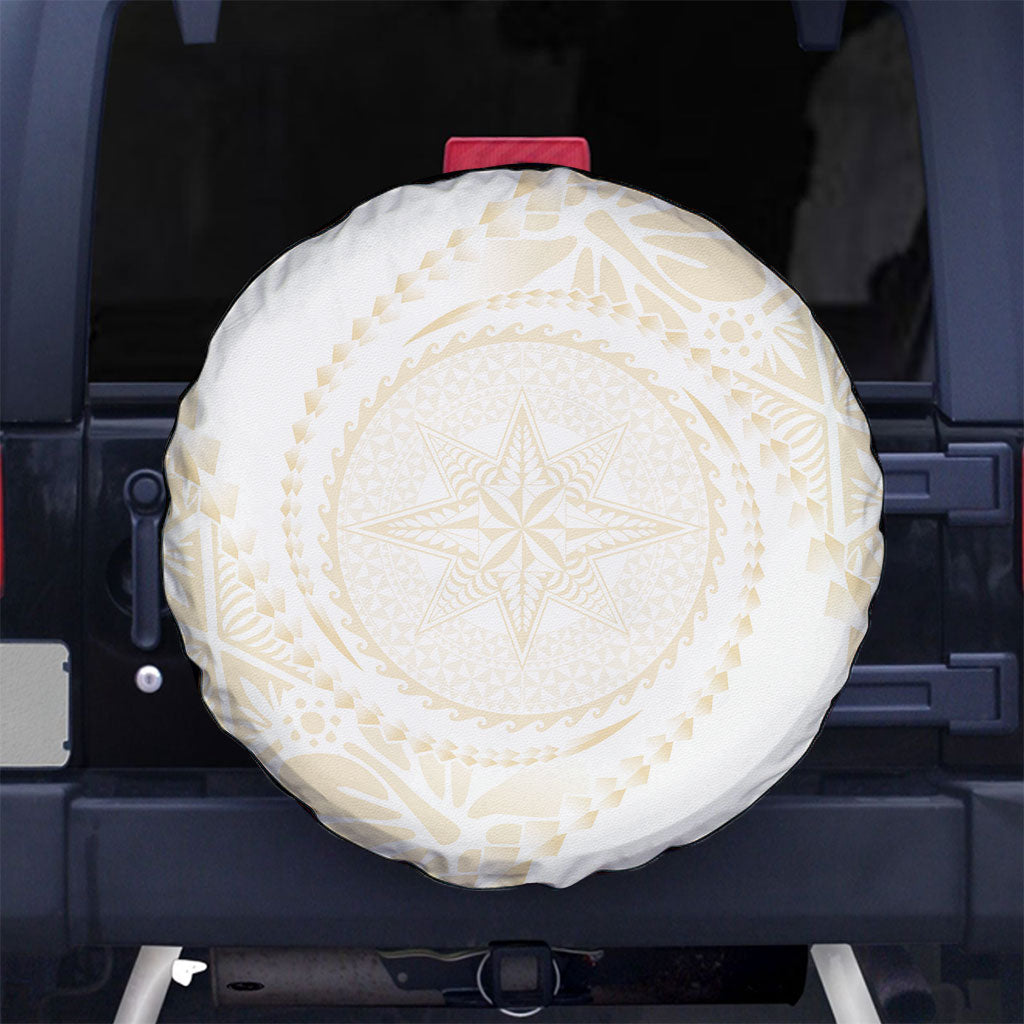 Tonga White Sunday Spare Tire Cover Lotu Tamaiti Tongan Kupesi Pattern LT05 No hole Beige - Polynesian Pride