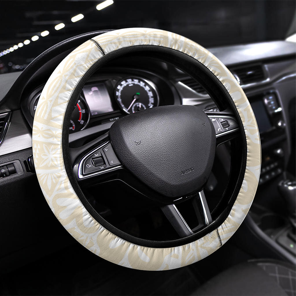 Tonga White Sunday Steering Wheel Cover Lotu Tamaiti Tongan Kupesi Pattern LT05 Universal Fit Beige - Polynesian Pride